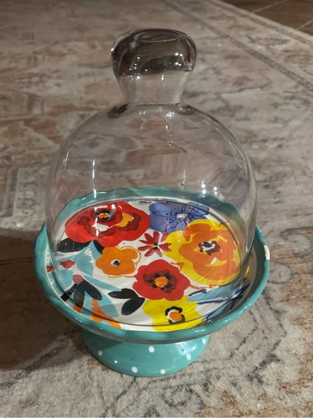 Hand-Painted Turquoise Floral Mini Cake Stand with Glass Dome
